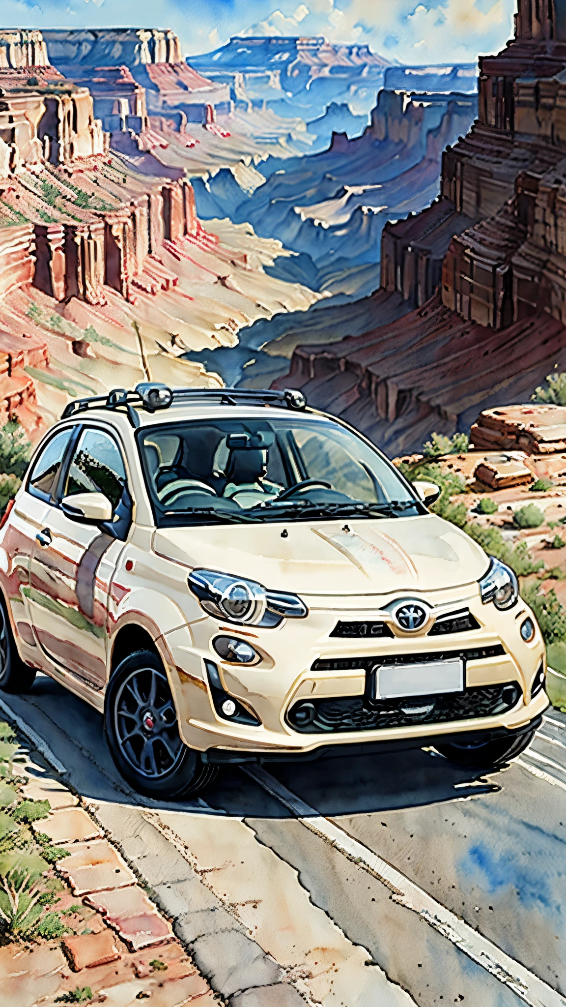 (masterpiece:1.2, Highest Toyota Yaris Cross quality),(Very detailed),(((watercolor))),8k,wallpaper,Cream-colored Fiat 500,America,Driving through Grand Canyon National Park,(((Ghibli style))),Transparent watercolor