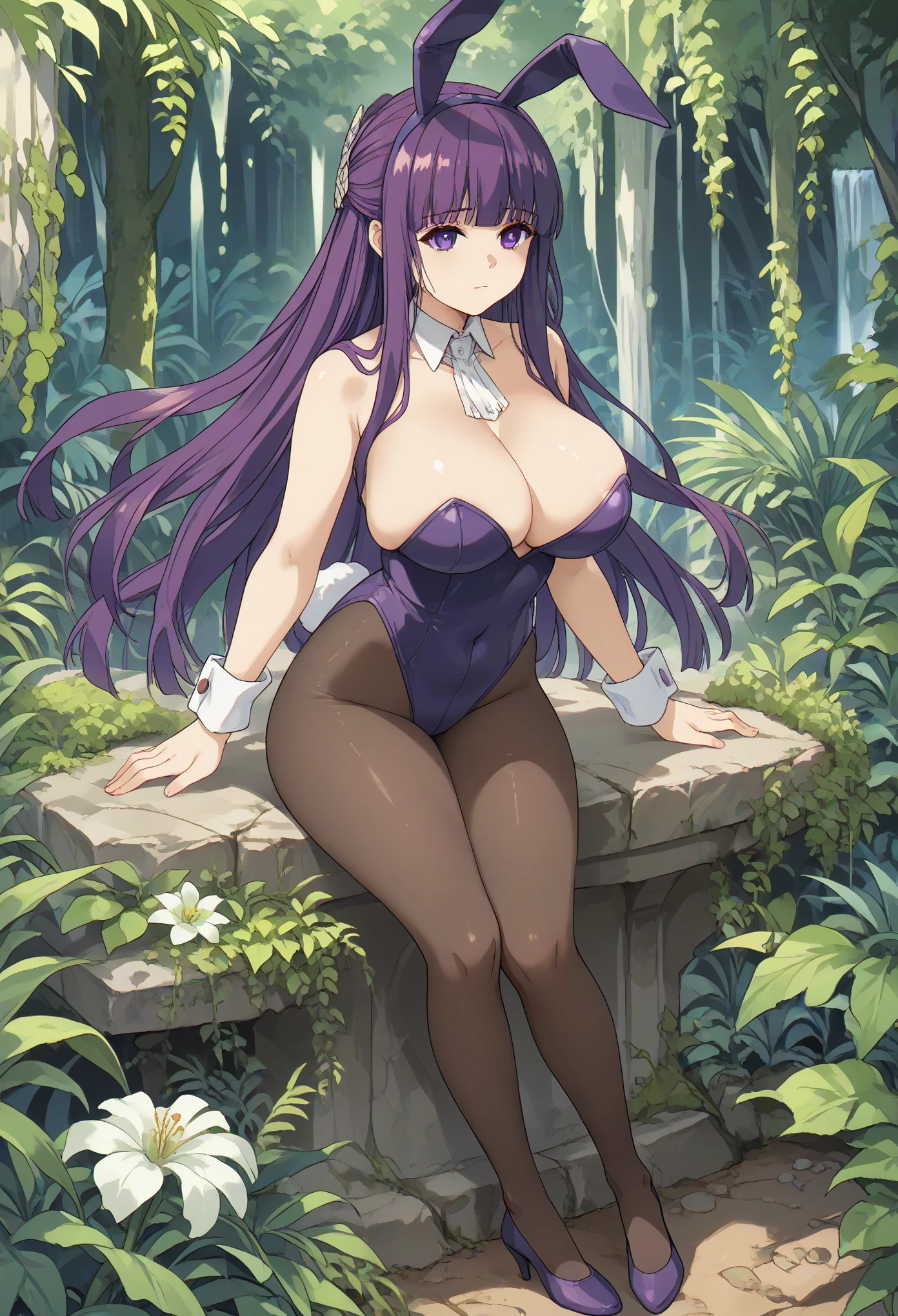full body,fern \(sousou no frieren\), large breasts, long hair, purple hair, half updo, blunt bangs, purple eyes,big breast,bunny suit,bunny ears