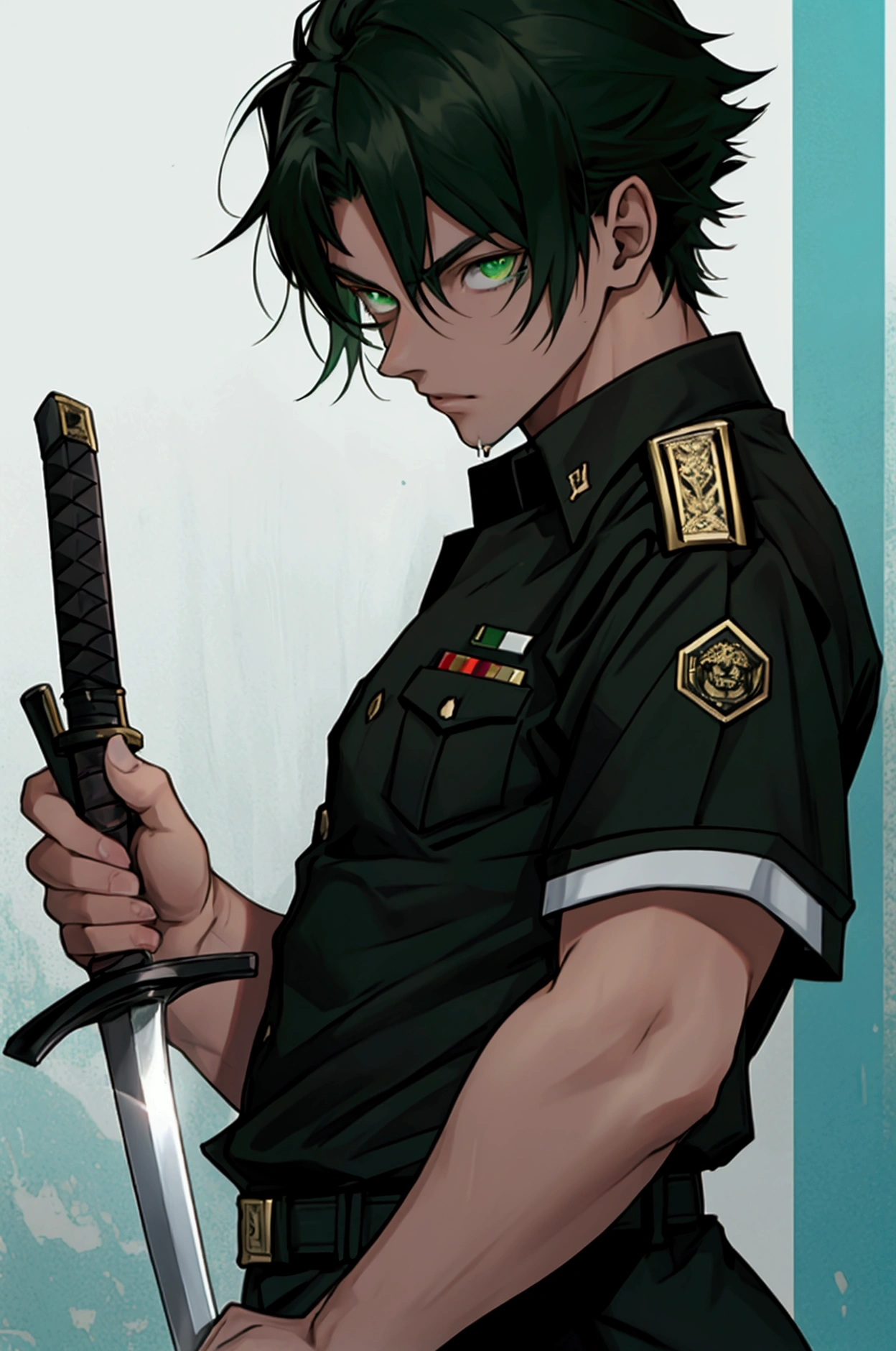 naughty man, 18-years old, RABID, black uniform, green eyes with a short sword