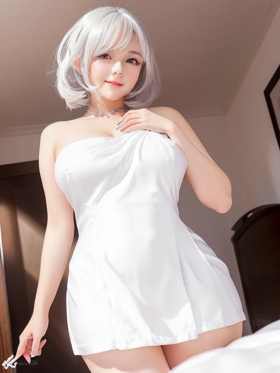 cute girl - style image of a woman in a white dress posing for a picture,  in dress, white dress!! of silver hair, in white clothes, seductive anime girl, fubuki, cute girl waifu in a nice dress, revealing clothes, beautiful alluring woman, [ 4 k digital art ]!!, white haired deity, realistic