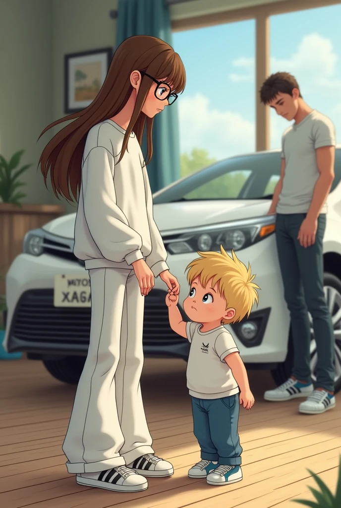 Tall, thin girl with white sweatshirt and bell-bottom pants, Adidas tennis shoes, and reading glasses, watch charging chubby 2 boy blond blue eyes paired with a tall man straight hair Adidas shoes Adidas shirt in the background a white Toyota sedan car