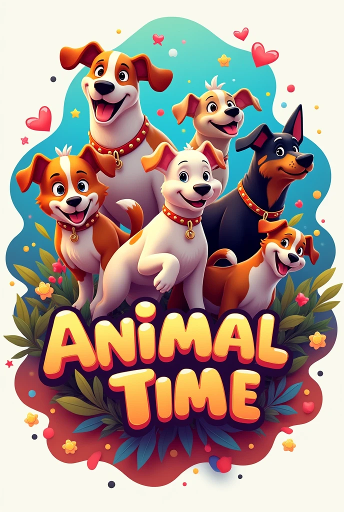 Logo called Animal Time, full of many colors, with animated dogs of all breeds