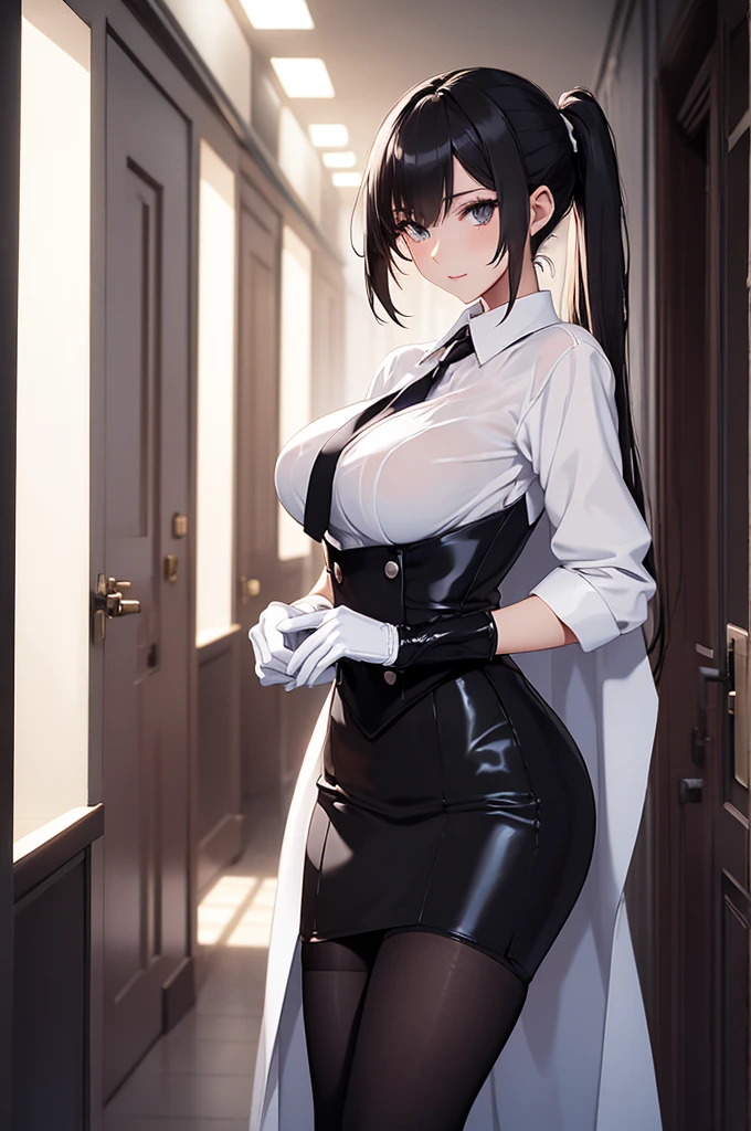 Beautiful, anime, {20 year old} adult woman, tall, slender woman, white business shirt,pencil shirt, long black stockings, black gloves {gloves fully covering hands} large breasts, Seductive and erotic woman, happily looking at viewer. Lone Hallway background