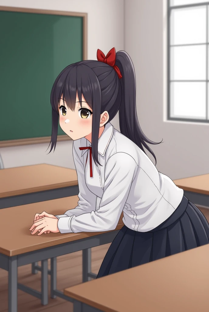 ultra-detailed,masterpiece,best quality,jcf, 1girl,,black ponytail,large bow,blush,leaning forward,classroom,blackboard,desk,window,shirt,skirt,