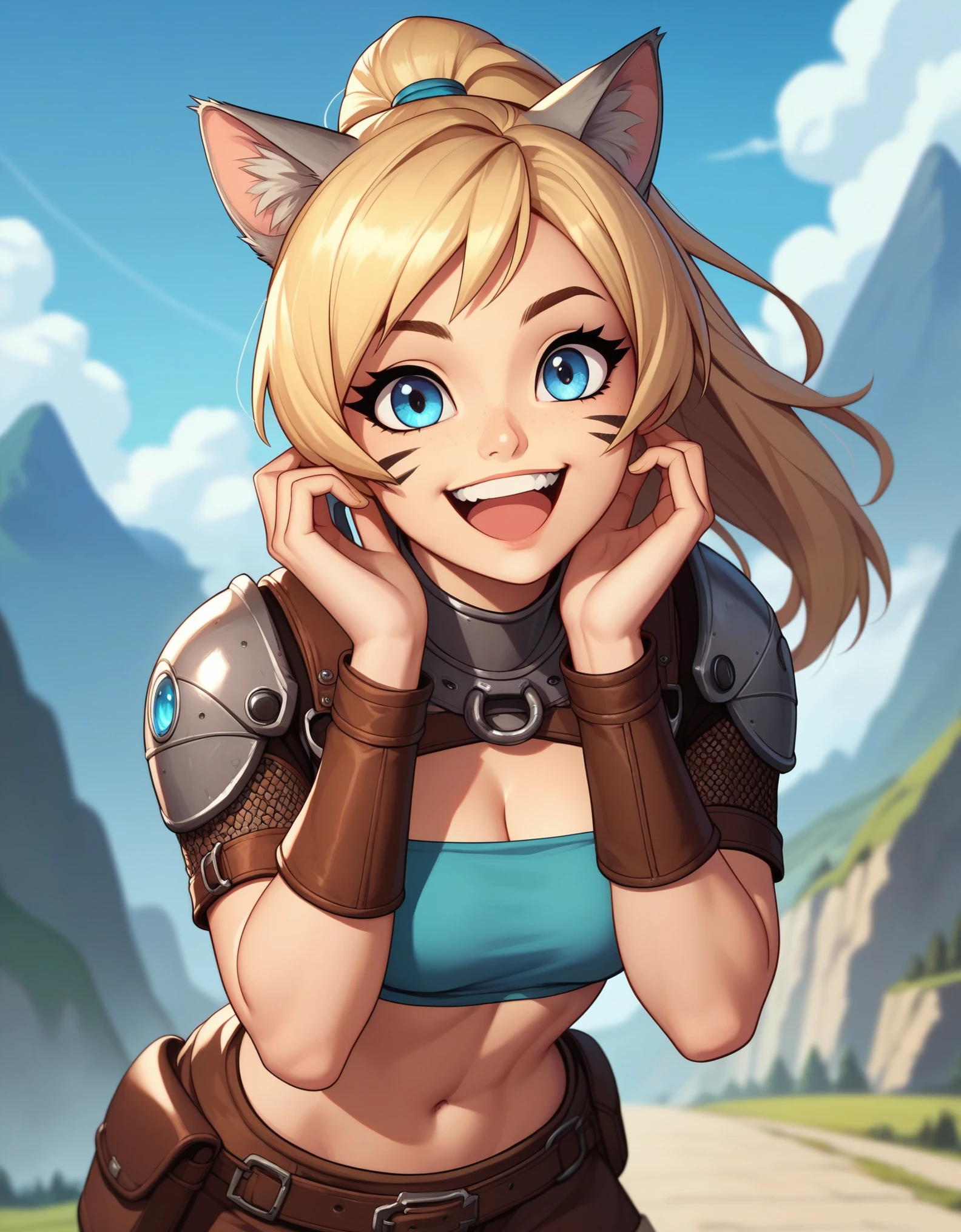 Solo, score_9,score_8_up,score_7_up, score_6_up, score_5_up,source_anime, human, Kat, blue eyes, black whisker marks on face, grey cat ears, blonde hair, hair in ponytail, wearing blue bandeau, brown shorts, adventuring gear, leather boots, laughing, big smile, mouth open, on a mountain pass trail, standing, in a village, hands to her face 