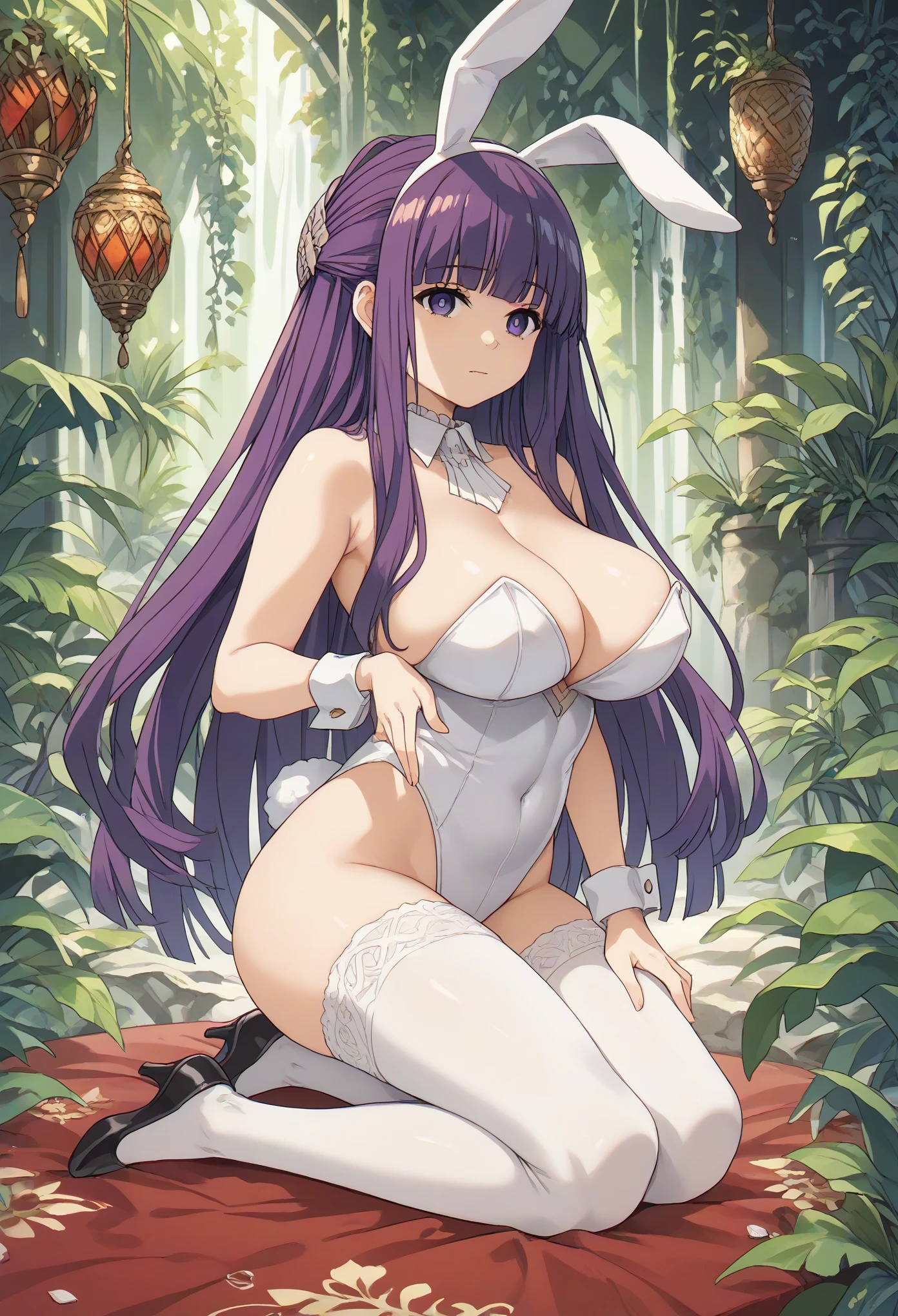 full body,fern \(sousou no frieren\), large breasts, long hair, purple hair, half updo, blunt bangs, purple eyes,big breast,bunny suit,bunny ears
