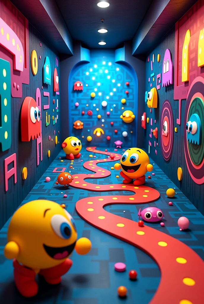 Making Pacman figures with paper on a mural