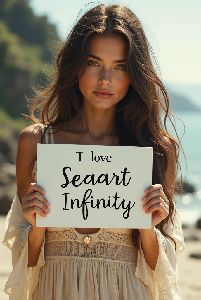 Beautiful girl with wavy long hair, bohemian dress, holding a white board with text "I Love Seaart Infinity" and showing it to the viewer