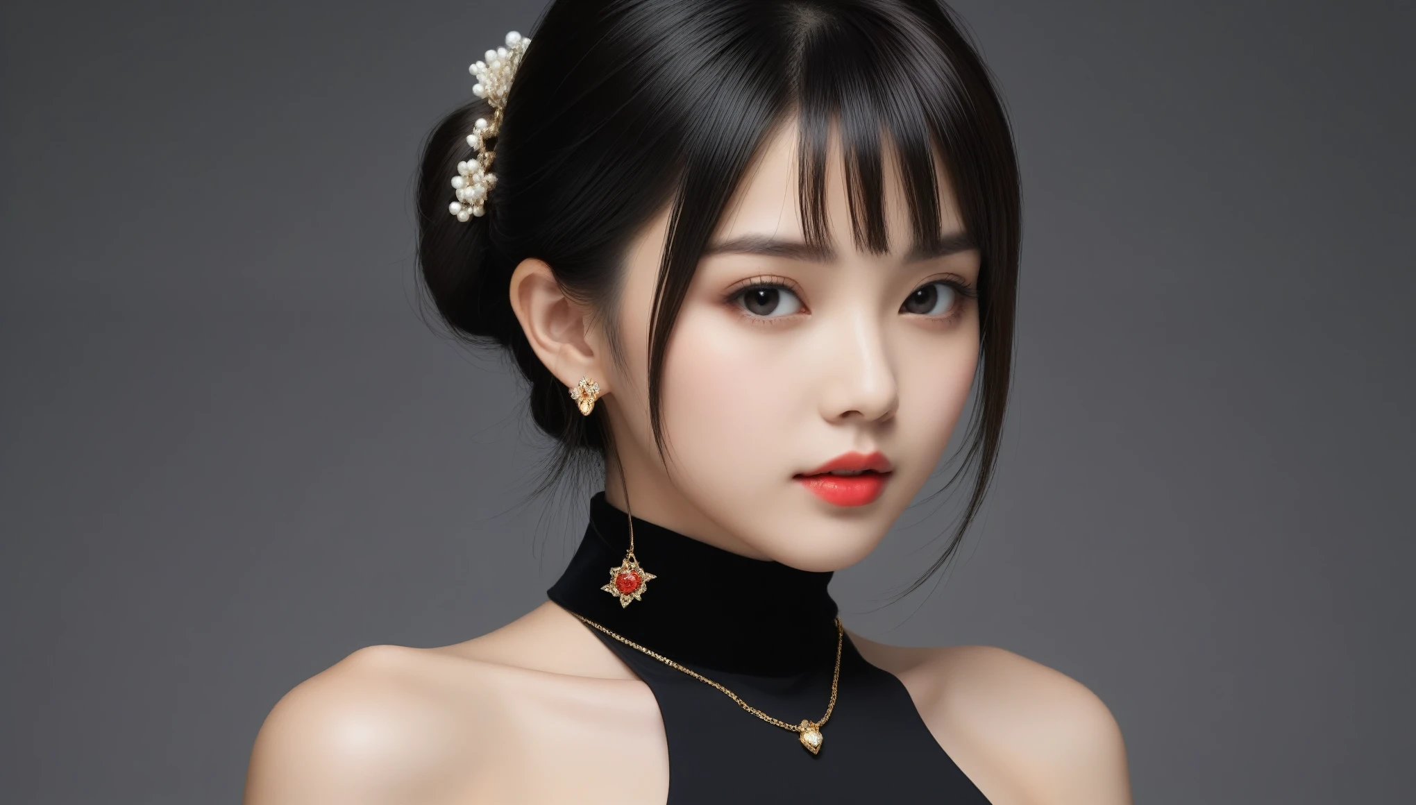 8k, Ultra-high resolution, Highest quality, masterpiece, 三分割法によるphotograph,Surreal, photograph, 1 Girl, (:1.3), pretty girl, Cute Face, 細部までBeautiful Eyes, 細かくdetailedに,masterpiece,One Girl:1.2,Japan Female Teachers,cowboy shot,Serious expression,Black Hair,Bowl cut,Super Beautiful Girl 4,((1 girl:1.4)),Shine, Natural skin texture、(Stylish clothes:1.4)、(The highest rank of ceremonial attire:1.4)、Formal wear,Attractive girl、16 years oldmale body:1.4)、(女の子のポートレートphotograph:1.4Photorealistic images:1.4),Fantasy art,(Beautiful Face:1.4),Beautiful and attractive eyes、Beautiful Eyes、(Tight waist:1.4)、(9 Beautiful girls with perfect body proportions:1.4),Red lips,(choker:1.4、necklace:1.4、Earrings:1.4),Looking at the audience,(((Ideal body type))),A-cup small breasts :2,、Portraiture:2、Perfect Anatomy、鮮明なdetailed、detailed,Fashion magazine cover,Thin lips,Gray background ,完璧でBeautiful Face ,完璧でCute Face, Skin with attention to detail, Perfect limbs、Narrow waist,Looking at the audience,(((Ideal body type))),A cup small breasts :2,Portraiture:2,Perfect Anatomy,鮮明なdetailed,detailed,Surreal,Light and shadow,spotlight