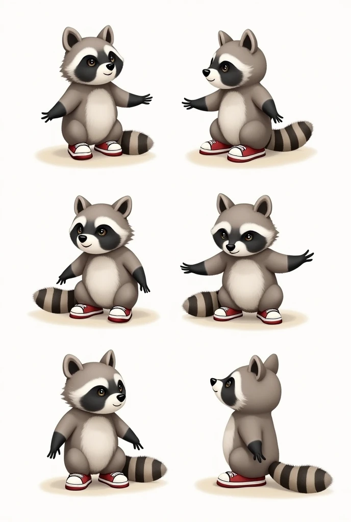 Cute anthropomorphic raccoon with two legs in 6 different poses (back, front, side), wearing sneakers shoes, character sheet, sitting, standing, front, side, backboob, Multiple postures and facial expressions, open arms, closed arms, legs open, legs closed. watercolor, children's book illustration, Beatrix Potter Style, watercolor,