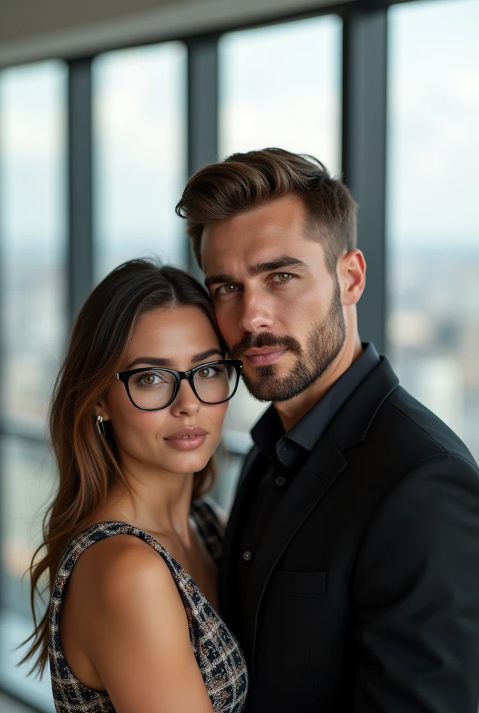 Give me a picture of a young couple in their 30s, Colombian millionaire, owners of "YK Shop", a successful kitchen and home products company. The couple has an elegant and modern style, the one with short beard, brown hair and honey-colored eyes and she has light brown hair, with glasses and chubby cheeks with a little forehead, medium size, with high quality clothing and accessories. The scene takes place in a modern and sophisticated building with cutting-edge technology and panoramic views of the city.. The logo of "YK Shop" is visible on the wall, with a purple color palette, Orange and white reflecting wealth and exclusivity, and a modern, easy-to-read design. The image reflects the success, the sophistication and professionalism of the couple and their company.
And give it to me in a 9 format:16