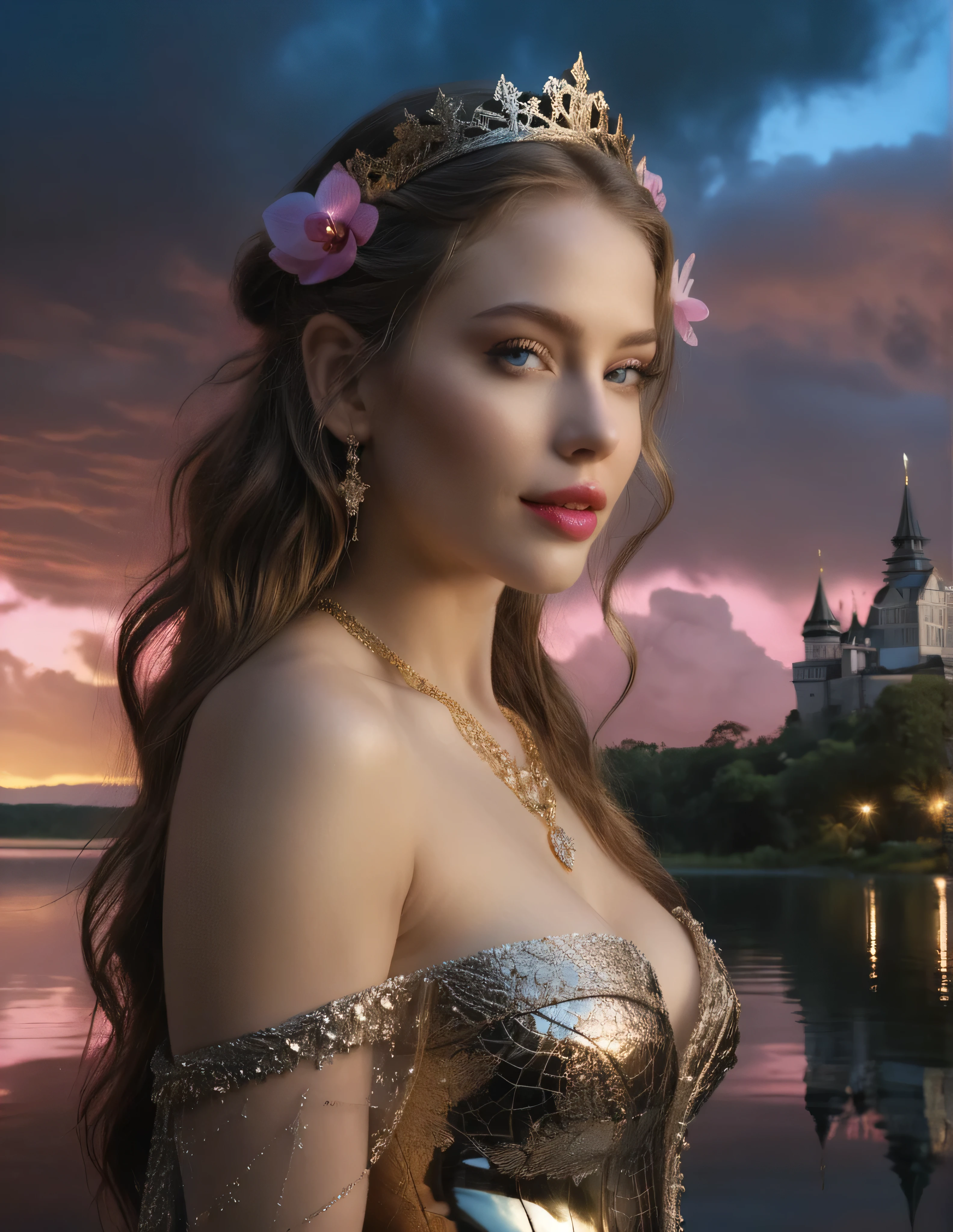 (8k, highest quality, masterpiece, final fantasy style: 1.2), (unRealistic, photoRealistic: 1.37), Dreamy landscape, Fantasy, Unsurreal landscapes, Super detailed, Flying Castle, Floating Island in the Sky, Seven-colored swirl of light, Intense lightning, milky way, Complex Light, Colored light, Large Lake, Starry sky reflected on the lake surface, Countless shining stars, Meteors, Reflections , (A pillar of light emanated from the ground:1,2), roses and orchids gardens , sunset, pink clouds, waterfall in the sky, realistic style, Hyperrealism drawing, a flying pirate spaceship floating at the clouds level, burning skyscrapers, cyborgs, timeless realms, stunning princess and her 2 beautiful servants , floating hair, pink lipstick, cute, naked shoulders , circlet, sideless, backlealluring stylized by Jeremy Mann, Rule of Thirds, shots from different angles of beautiful 20 years old Female fairy, stunningly beautiful and cute,, Wide view, Fearful, natural Colors, hot but scary, womanly, beautiful mesmerizing face and nose, pink lipstick, blue eyes, Gothic style red transparent short gown, expensive accessories, beautiful legs, naughty unique poses, masterpiece, beautiful mesmerizing symmetrical blue eyes, naughty cute smile, fit body,, realistic, hyperrealism, lifelike photography, long brunette hair, smiling,bright light on face ,frontlighting, gown,golden necklaces,golden brochures, beautiful dark blue eyes ,professional makeup, pink lipstick,, realistic, , beautiful mesmerizing faces reflecting from the dark horizon, nebulas and stars at the horizon, dark blue beautiful symmetric eyes ,perfect eyes,extremely detailed face, lifelike photography, ultra high detailed,naughty smile ,high quality ,alluring beauty full body shot, gorgeous Russian girl, awesome action photos, realistic, hyperrealism, fantasy , beautiful fit body, beautiful legs, golden ratio,