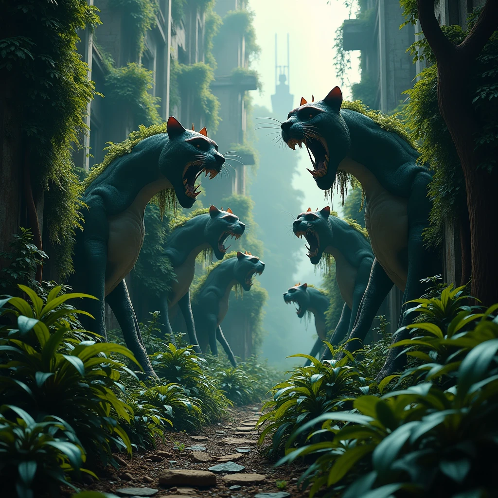 Large format 8k quality photo of  a  poisonous jungle with  plants looking like panthers, dystopic, demolished builidings, cinematic lighting, shot on ARRI ALEXA 65 with 50mm lens
