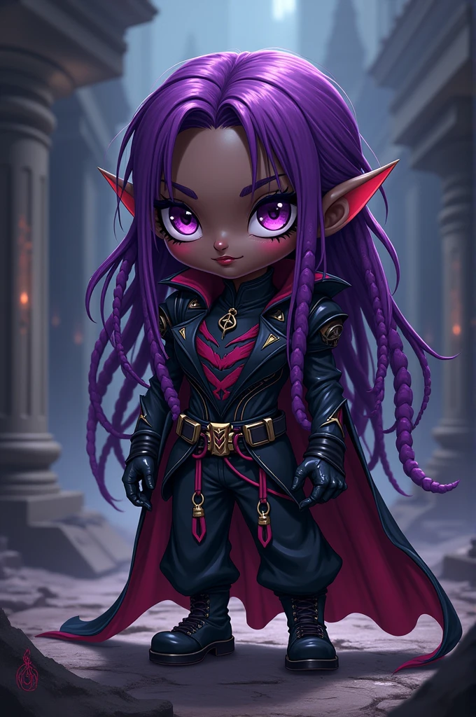 make a dark skinned villain, long purple dreadlocks, villainous outfit, chibi