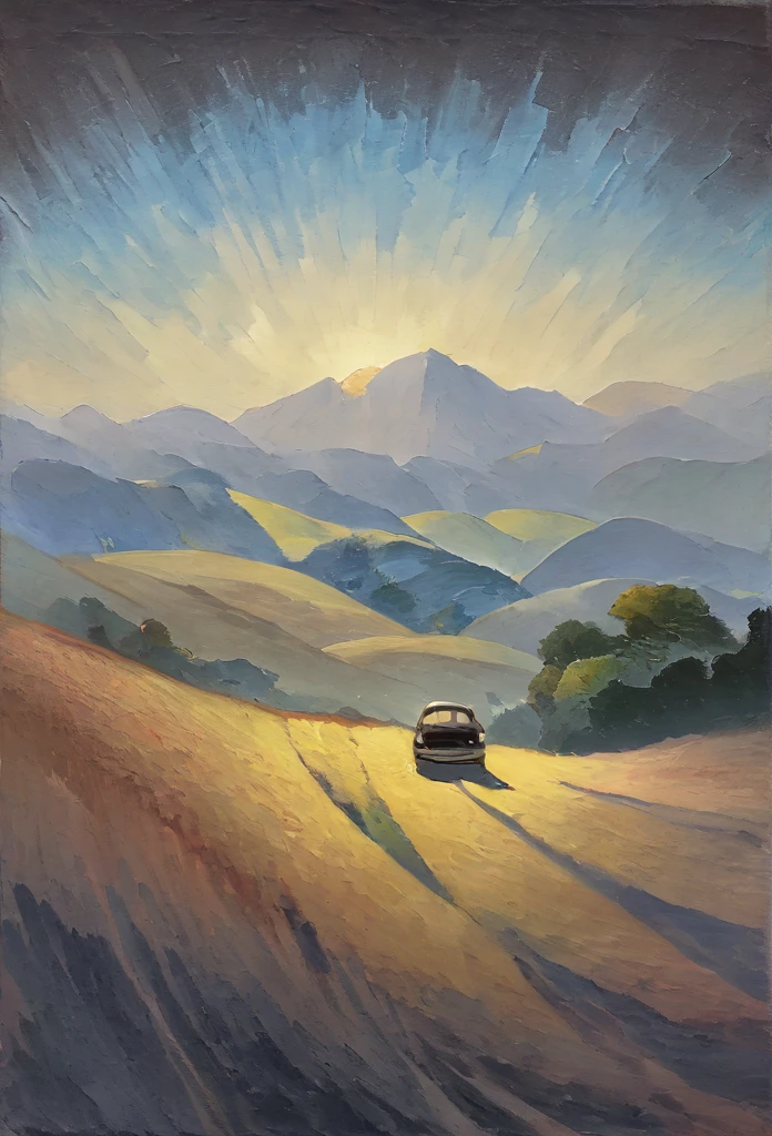 a black toyota ke35 car, blue dot light spinning, Vincent van Gogh's painting style, pointillism style, magnificent landscapes, illustrations, negative space, intagliography, art