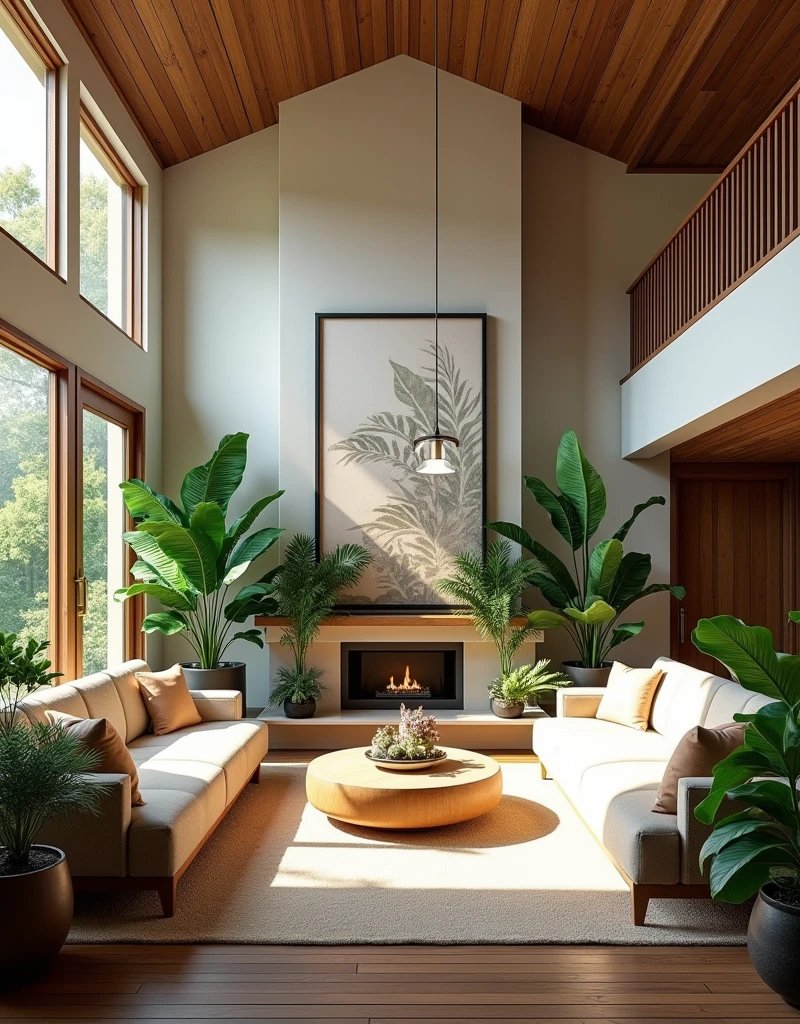 a large bright living room,vaulted ceilings,tropical foliage and floral arrangements,interior design,realistic,photorealistic,photo-realistic:1.37,best quality,4k,8k,highres,masterpiece:1.2,ultra-detailed,vivid colors,natural lighting,warm tones,studio lighting,detailed textures,lush greenery,tropical plants,floral accents,comfortable furniture,ambient mood,cozy atmosphere,high-end decor,elegant style