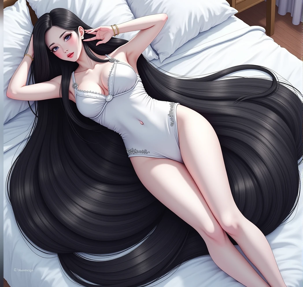(Best image quality、highest quality、Highest Resolution、Ultra-realistic photos、Full body photo、)1 girl、Amazingly long black hair is super beautiful、Hair length約5Meters、naked、Straight black hair、Very beautiful face、Beautifully groomed black hair、Very large amounts of hair、Super long black hair that accentuates her feminine and sexy look、Slim figure、Shiny, Beautiful Hair、Bright lighting、Professional Lighting、World Super Long Hair Contest Winner、Full body photo、Head to toe photos、Taken from about 4 meters away、ultra-realistic、The longest black hair in the world、Hair longer than Rapunzel、She has very long black hair that covers her entire body...、Hair that is shampooed every day is so beautiful、I's hair isバラの香りがして、My very long black hair makes me look sexy.、My charm is my long black hair、Long black hair is a symbol of beauty、I'I am proud of my long black hair、This long hair length and volume is admired around the world.、Her very long black hair is fanned out、Smooth black hair that flows from shoulders to floor、I have a lot of hair、Cover the entire bed with hair、Hide your hands with your long hair、Hide your fingers with your long hair、A storm of black hair about to overflow from the screen、,Full body photo,超Super long hair、naked、the most Beautiful Hair in the world、Lie on your back in bed、Long hair covering her vagina、White underwear or naked、Cover the whole body with straight hair、Very beautiful face、beautifully styled black hair、Very large amounts of hair、Super long hair that accentuates femininity'sexly、Slim figure、Beautiful and shiny hair、Bright lighting、Professional Lighting、Full body photo、Black hair contest winner、the place is a bedroom、My hair is reaching the floor and dragging、Full of black hair、She is leaning on the bed, Show off your long hair.、The bed is full of hair、Long black hair covers the whole body、Super long hair、Best image quality、highest quality、Highest Resolution、Ultra-realistic photos、Full body photo、1 girl、Very beautiful face、超Super lon