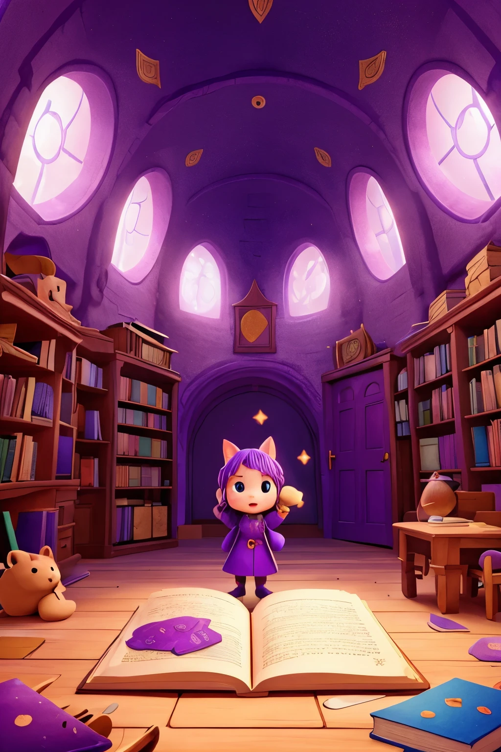Illustration of a magical book opening, with colorful characters and scenes spilling out purple