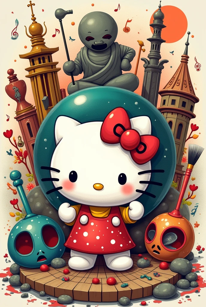 Collage image with the 7 fine arts, caricature type with hello kitty
