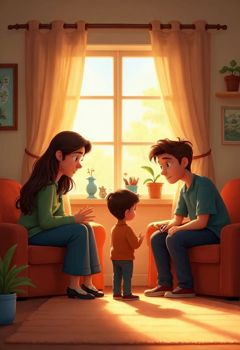 Martin is in his room or in a park, practicing sign language. He is seen concentrating while imitating his parents' gestures or a book illustrated with signs.