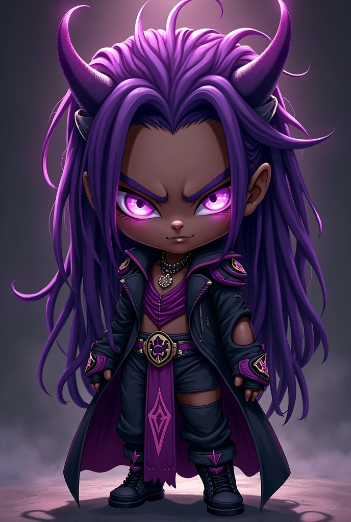 make a dark skinned villain, long purple dreadlocks, villainous outfit, chibi