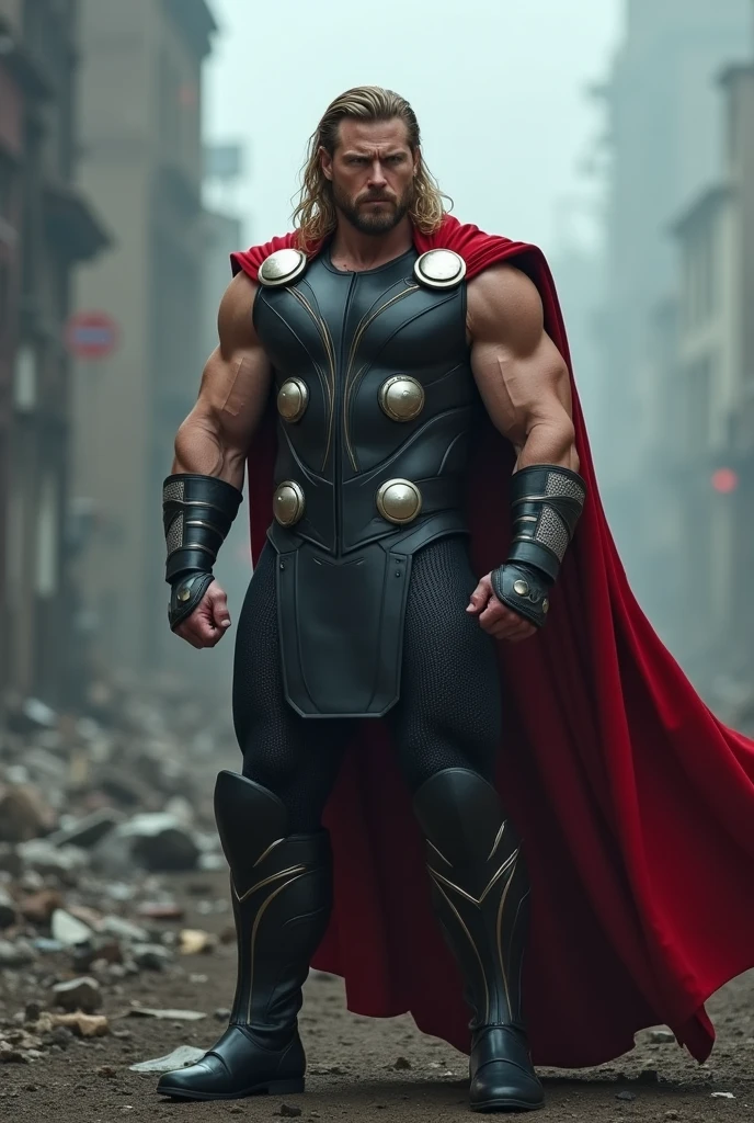 Full body, chris hemswoth as a sexy thor, super muscular, extra strong, great muscle definition, massive body, agressive actitud, destroyed city in the background, all in realistic, gothic style, high definition, high resolution. Christopher Nolan's scenic style.