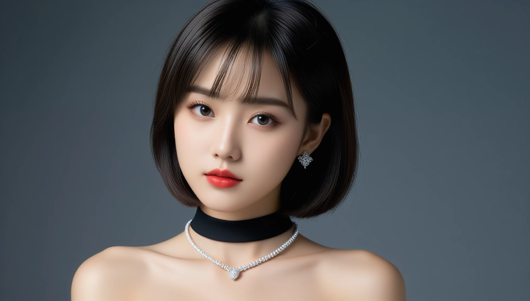 8k, Ultra-high resolution, Highest quality, masterpiece, 三分割法によるphotograph,Surreal, photograph, 1 Girl, (16 years old:1.3), pretty girl, Cute Face, 細部までBeautiful Eyes, 細かくdetailedに,masterpiece,One Girl:1.2,Japan Female Teachers,cowboy shot,Serious expression,Black Hair,Bowl cut,Super Beautiful Girl 4,((1 girl:1.4)),Shine, Natural skin texture、(Stylish clothes:1.4)、(The highest rank of ceremonial attire:1.4)、Formal wear,Attractive girl、16 years old、(Perfect female body:1.4)、(女の子のポートレートphotograph:1.4)、(Photorealistic images:1.4),Fantasy art,(Beautiful Face:1.4),Beautiful and attractive eyes、Beautiful Eyes、(Tight waist:1.4)、(9 Beautiful girls with perfect body proportions:1.4),Red lips,(choker:1.4、necklace:1.4、Earrings:1.4),Looking at the audience,(((Ideal body type))),A-cup small breasts :2,、Portraiture:2、Perfect Anatomy、鮮明なdetailed、detailed,Fashion magazine cover,Thin lips,Gray background ,完璧でBeautiful Face ,完璧でCute Face, Skin with attention to detail, Perfect limbs、Narrow waist,Looking at the audience,(((Ideal body type))),A cup small breasts :2,Portraiture:2,Perfect Anatomy,鮮明なdetailed,detailed,Surreal,Light and shadow,spotlight