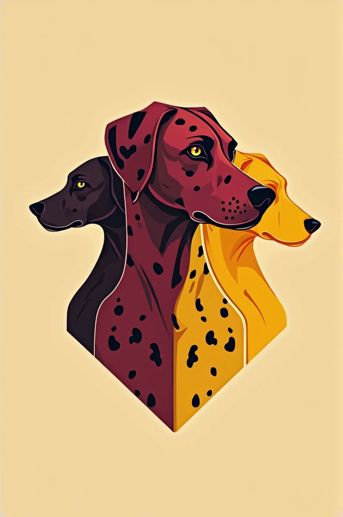 I want a minimalist team crest in burgundy and yellow colors, where 3 Dalmatian dogs are integrated with 3 shadows behind. In a cyberpunk style