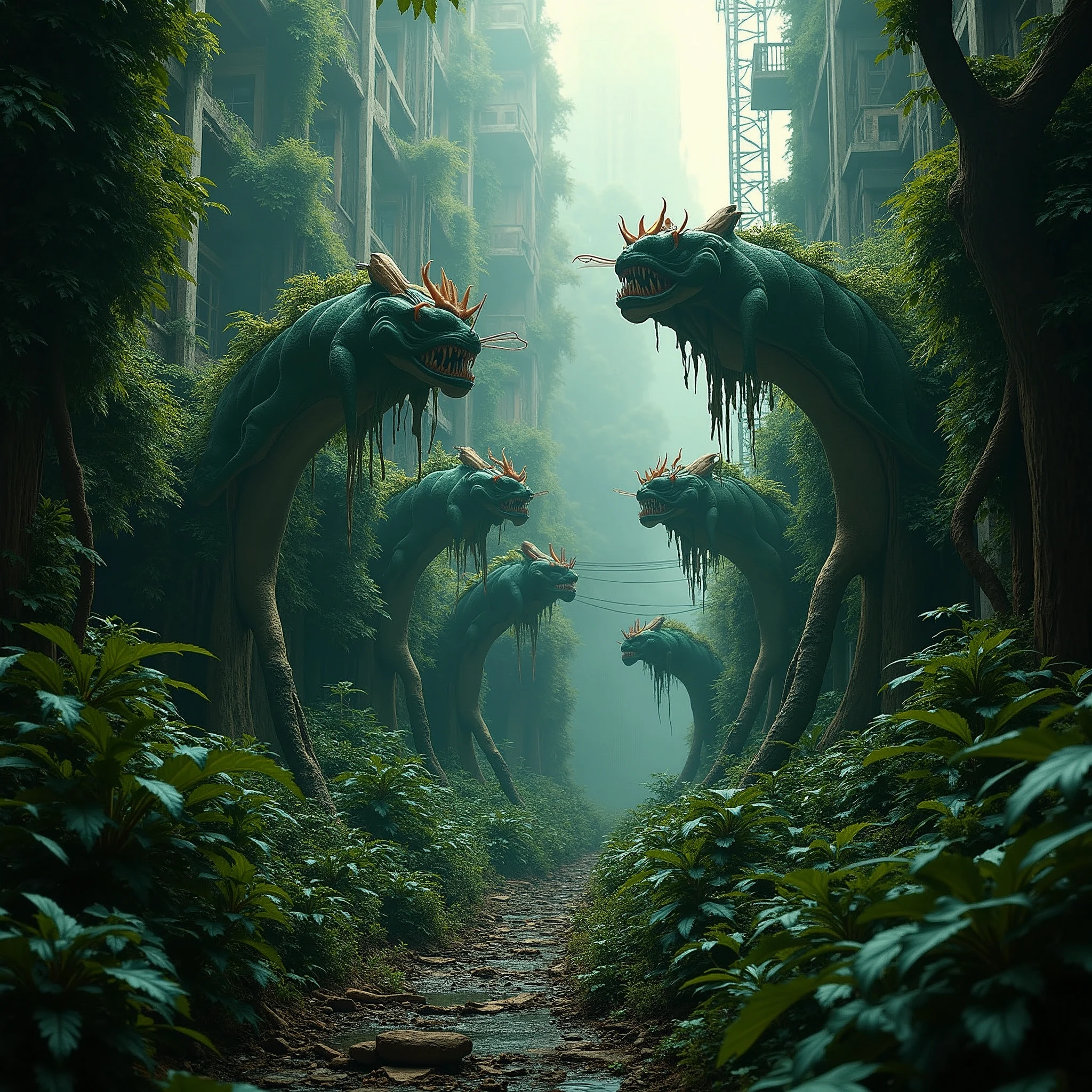 Large format 8k quality photo of  a  poisonous jungle with  plants looking like panthers, dystopic, demolished builidings, cinematic lighting, shot on ARRI ALEXA 65 with 50mm lens
