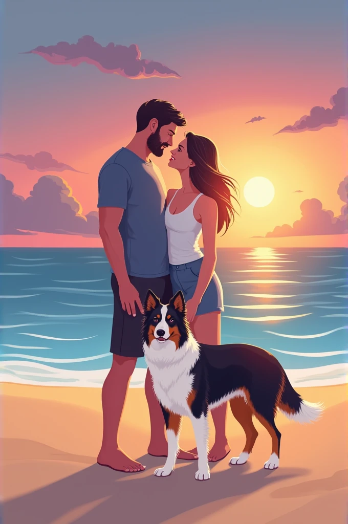 A couple with an Australian Shepherd on the beach at sunset in flat desig mn