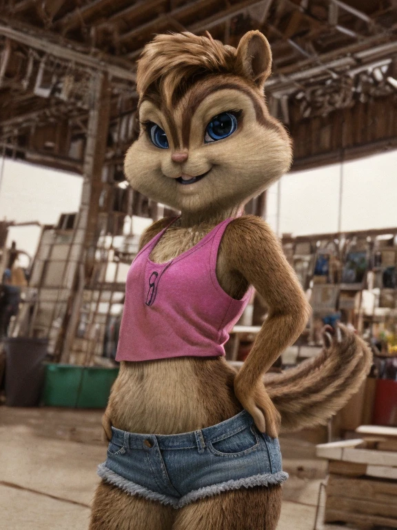 score_9, score_8_up, score_7, score_6, Los Angeles, brittany miller, chipmunk, furry, short ears, pink tank top, jean jacket, jean shorts, looking at viewer , 6 inches tall,