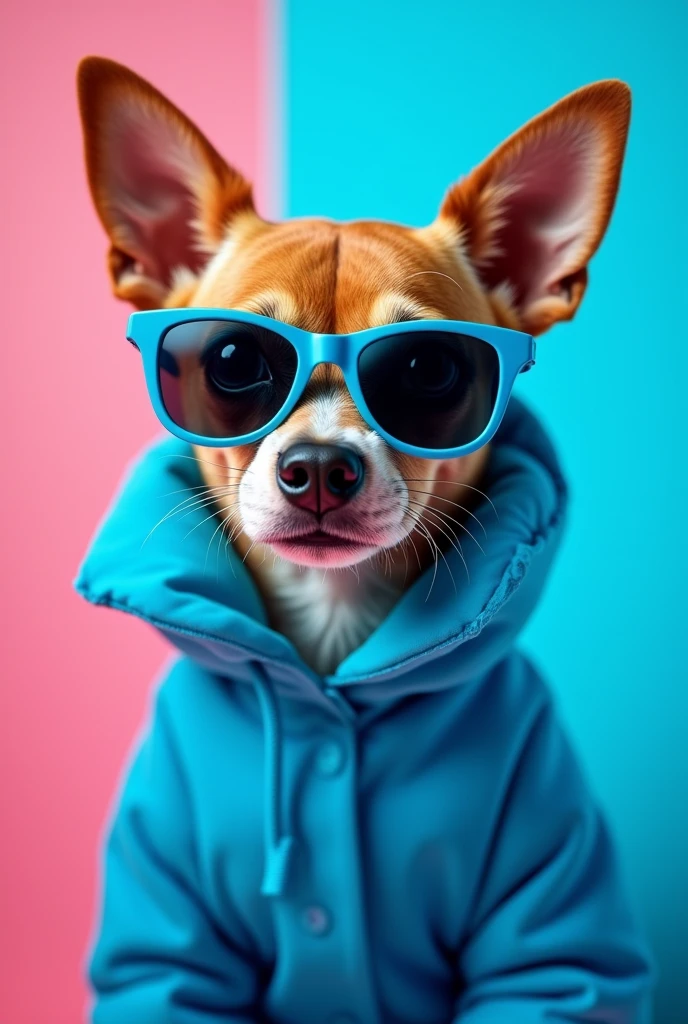 The best cell phone wallpaper, Award-Winning Wallpaper, portrait photography, In the front view is a portrait of a cute dog wearing mid-1960s space age fashion, Side view photo, Shot with Canon EOS R5, Set a strong contrast that accentuates the subject, Fluorescent blue tone, Wearing a very modern coat and sunglasses is a modern 1960s style, Clothes all in one color, beautiful background