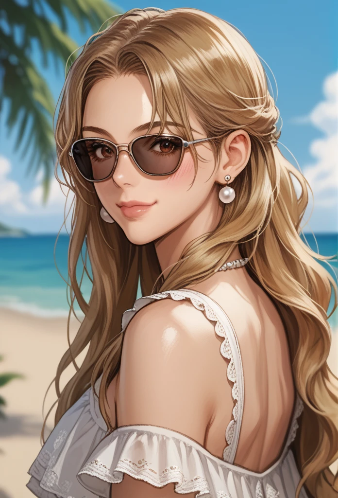 score_9, score_8_up, score_7_up, score_6_up, source_anime, illustration, an anime girl wearing sunglasses with the caption, "i'm not a princess" and an image of her on the beach, 1girl, solo, long hair, looking at viewer, blush, smile, blonde hair, brown eyes, jewelry, closed mouth, earrings, outdoors, day, looking back, blurry, lips, blurry background, sunglasses, portrait