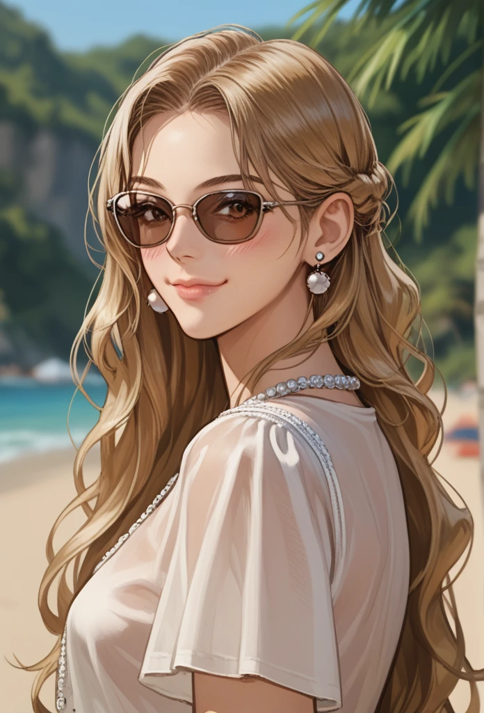 score_9, score_8_up, score_7_up, score_6_up, source_anime, illustration, an anime girl wearing sunglasses with the caption, "i'm not a princess" and an image of her on the beach, 1girl, solo, long hair, looking at viewer, blush, smile, blonde hair, brown eyes, jewelry, closed mouth, earrings, outdoors, day, looking back, blurry, lips, blurry background, sunglasses, portrait