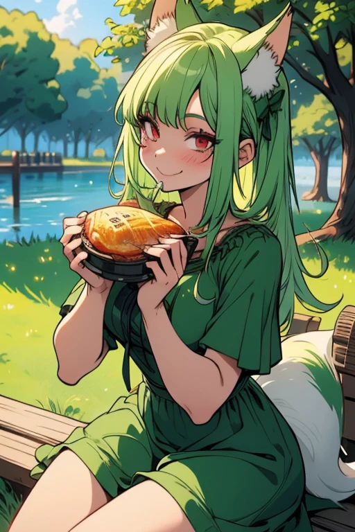 Perfect face. Perfect hands. A light green haired woman with red eyes with green fox ears and a green fox tail in a cute summer dress is smiling while eating lunch in the park