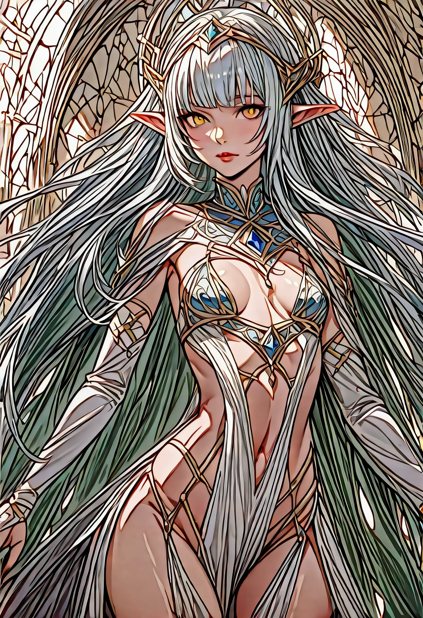 Girl, skinny body, flat chest, collar bone, hip bone
Dark_skin, long silver_hair, blunt bangs, blue-yellow unique eyes,
Side boob
Elven maiden armor, lewd, nsfw