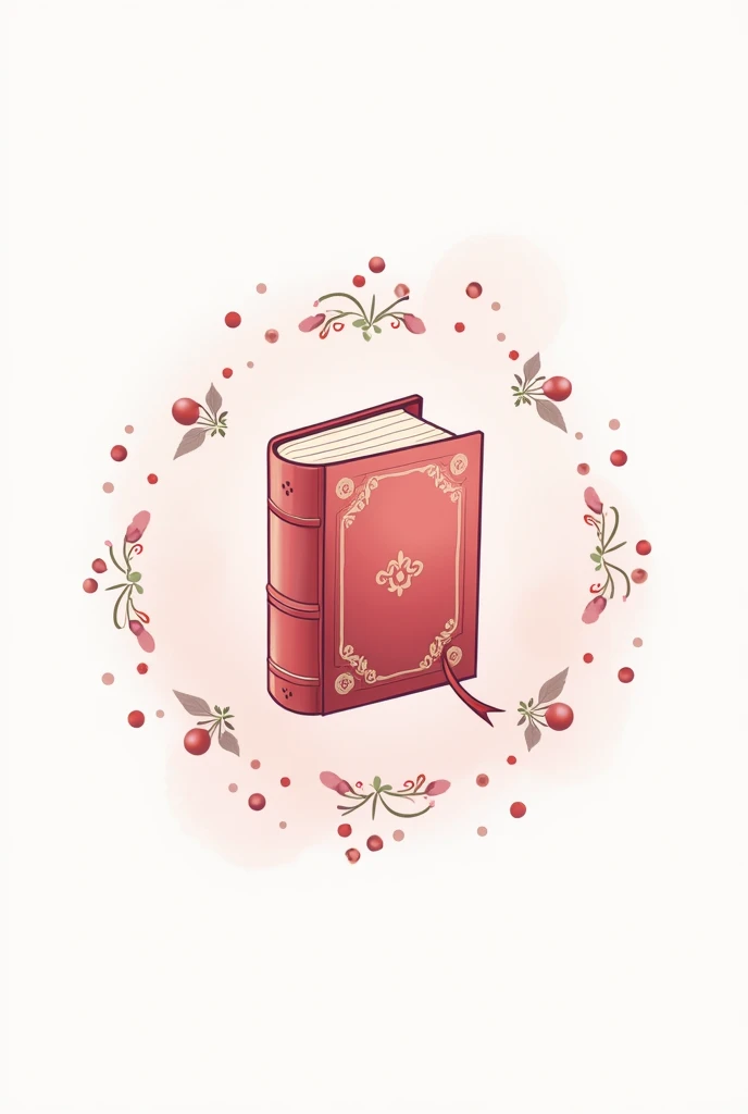 Make an icon with a book in the middle and a white background with pink dots and decoration on the book