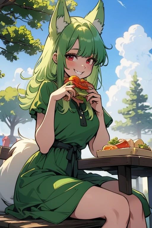 Perfect face. Perfect hands. A light green haired woman with red eyes with green fox ears and a green fox tail in a cute summer dress is smiling while eating lunch in the park