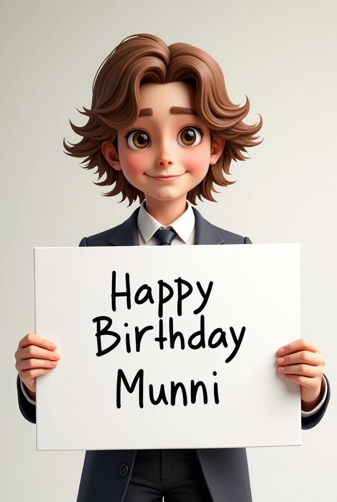handsome boy with wavy long hair, formal dress, holding a white board with text "Happy Birthday Munni" and showing it to the viewer