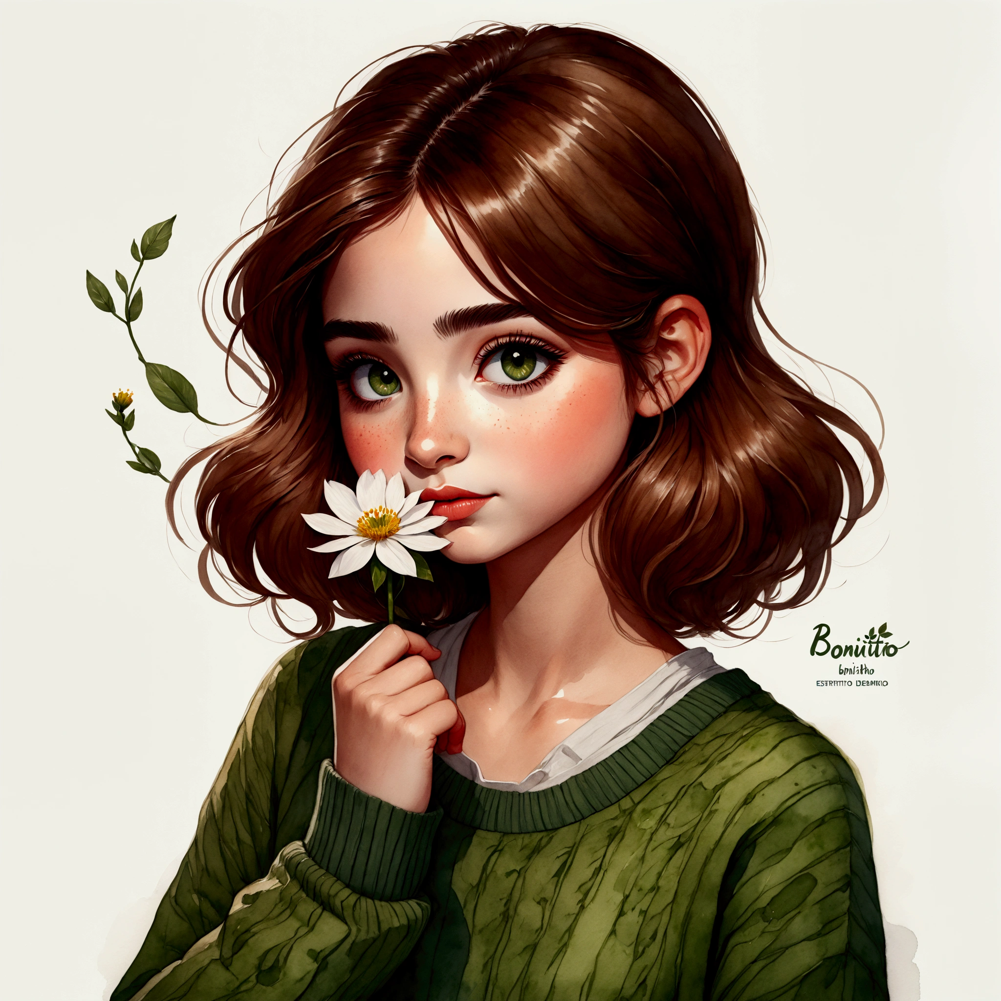Uma ilustracao em aquarela de uma mulher com uma flor na mão e um suéter verde, bonitinho girl painting, bonitinho art style, bonitinho detailed artwork, beautiful estilo de desenho, bonitinho illustration, bonitinho digital art, bonitinho detailed digital art, ilustração serena, bonitinho artwork, bonitinho drawing, com cara de flor, tendências em arte, estilo de desenho, bonitinho cartoon, 🍁 bonitinho, ilustração de estilo cartoon