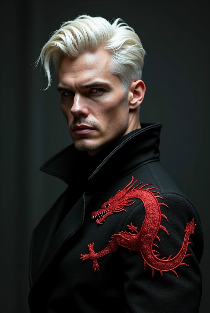 Henry cavill with platinum hair wearing black clothes with red dragon embroidery