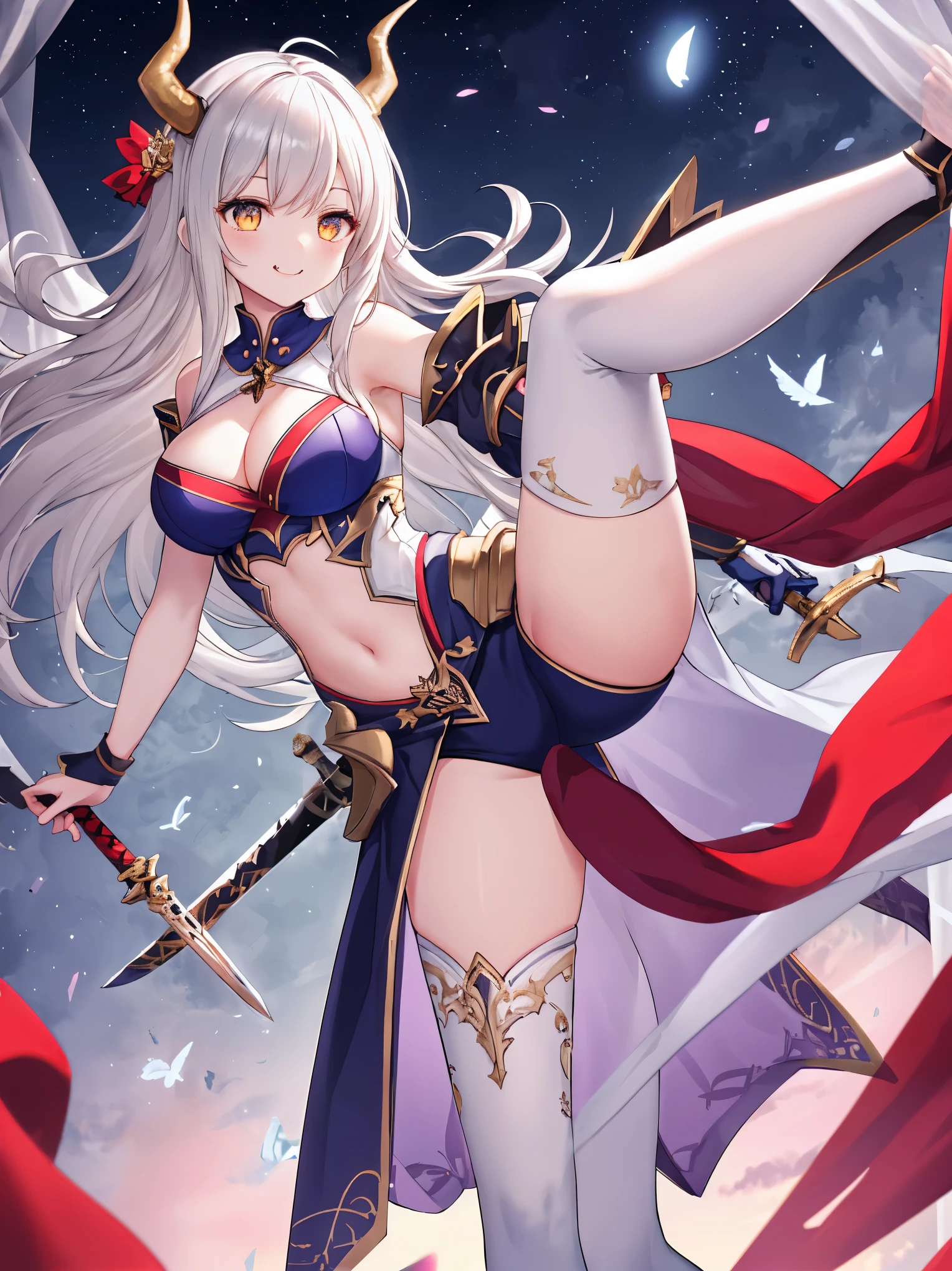 fantasy, 1devil_girl, low_, platina_blond_hair,long_bangs,, bare_shoulder, navel out, thighhighs,silver_armor, red_clothes,waist_armor, Glebe, hold_swords, large_breasts, dynamic_flying_pose,Floating,(pelvic_curtain:1.3), silver_Headgear ,looking_down_at_snight_city_sky_background,,slightly_spread_legs, some_swords,some_swords_floating_around_the_girl,solo,horn ,smile,,open_legs,open_arms,rise_knee,rise_leg,rise_thigh,rise_leg,forward_leaning_posture,apart_legs,fang,Shiny_gold_eyes,crotch