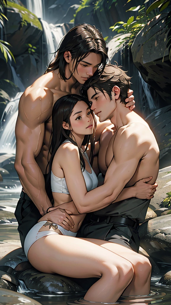 Romantic, intimate photograph featuring a couple seated on rocky terrain near a flowing stream. The woman, with long dark hair and fair skin and big hips, is wearing a white underwear and is seated on the man's lap. The man, with short light brown hair and fair skin, is shirtless and wearing dark swim trunks. They are embracing each other closely, with the woman gently holding the man's face and the man holding her waist. The background consists of large rocks and a small waterfall, creating a natural and serene setting. The overall tone of the image is warm and earthy, with soft lighting enhancing the intimate mood.
