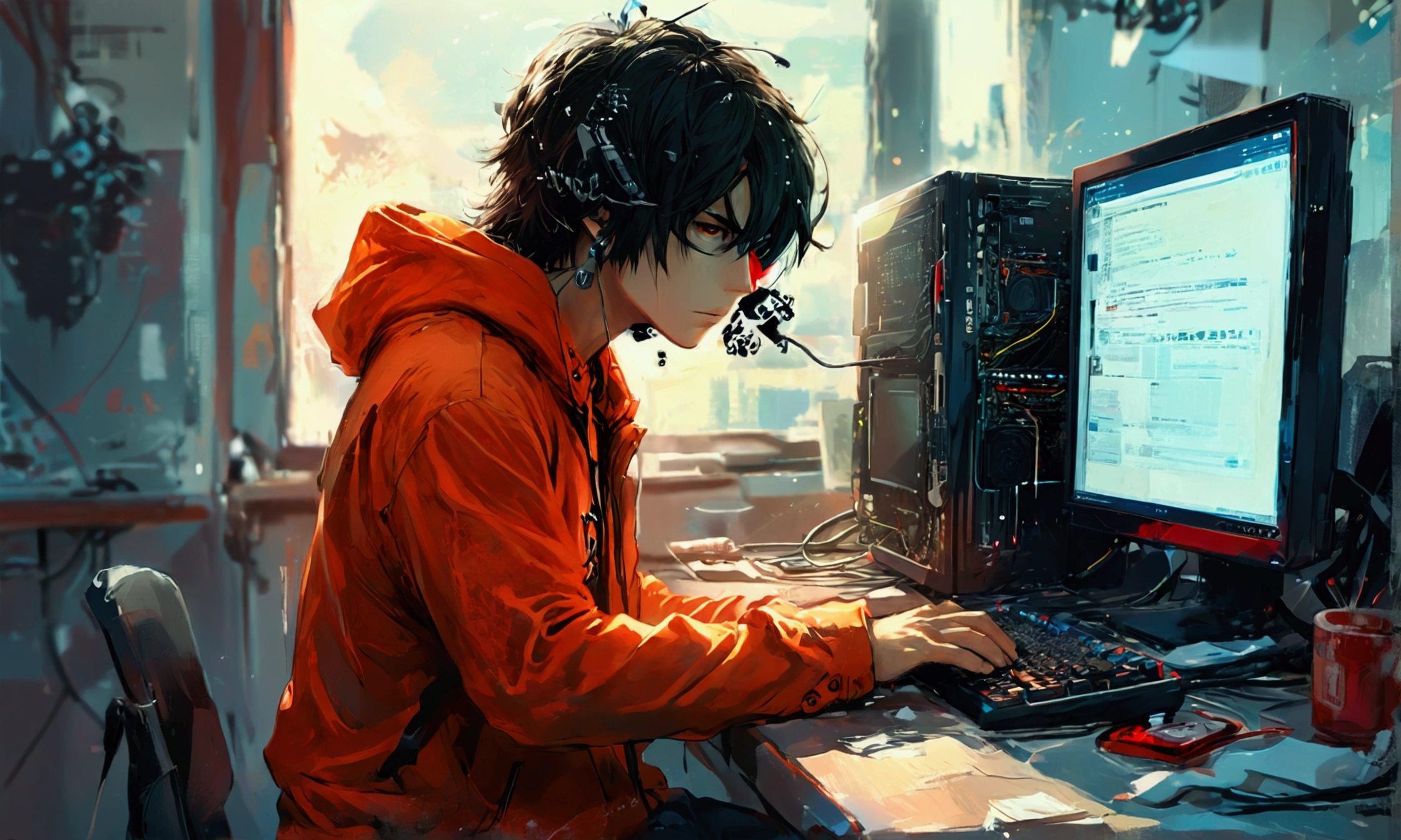 A MAN TAGGING A HACKER COMPUTER,manga style art,manga style art,manga style art,manga style art