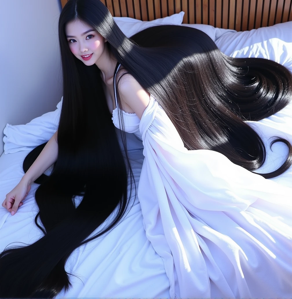 (HigheSt quality。Real Photo、16K)One beautiful woman with a beautiful face and well-defined featureS boaStS ultra-long hair that iS over 5 meterS long and a large amount of black hair.。Sit on the graSS。Full body photo。White underwear or nude。The longeSt Straight black hair in the world。World Long Hair ConteSt Winner。Her hair iS longer than Rapunzel'S。With a Smile。very、very、Very long hair。I want to dedicate this hair to you。Rapunzel is amazed at the length of my hair.。Lying on the bed、She is stretching her long hair with both handy long hair is all over the bed。With a smile。