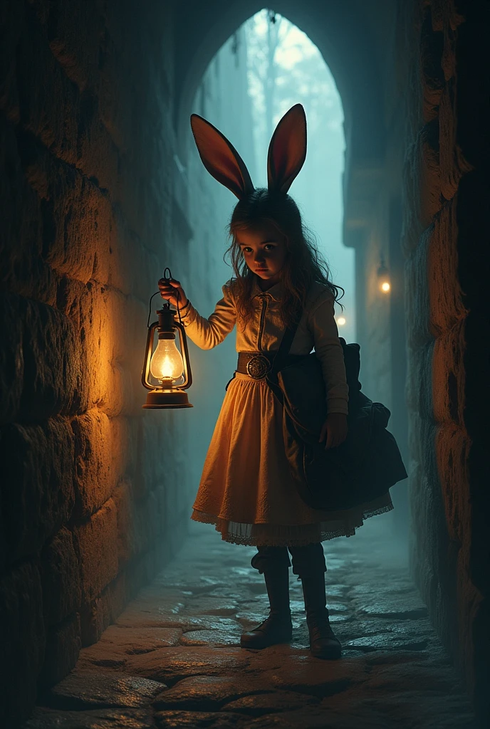 The brave rabbit eared girl, holding an oil lamp, shuttles through the dark and mysterious corridor of the castle. Her ears occasionally rotate, alert to possible adventures or dangers around her, (masterpiece, best quality, Professional, perfect composition, very aesthetic, absurdres, ultra-detailed, intricate details:1.3)