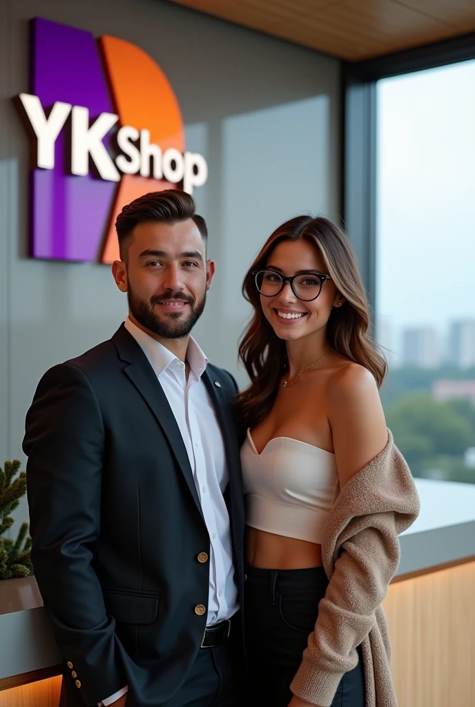 Give me a picture of a young couple in their 30s, Colombian millionaire, owners of "YK Shop", a successful kitchen and home products company. The couple has an elegant and modern style, the one with short beard, brown hair and honey-colored eyes and she has light brown hair, with glasses and chubby cheeks with a little forehead, with high quality clothing and accessories. The scene takes place in a modern and sophisticated building with cutting-edge technology and panoramic views of the city.. The logo of "YK Shop" is visible on the wall, with a purple color palette, Orange and white reflecting wealth and exclusivity, and a modern, easy-to-read design. The image reflects the success, the sophistication and professionalism of the couple and their company.
And give it to me in a 9 format:16
