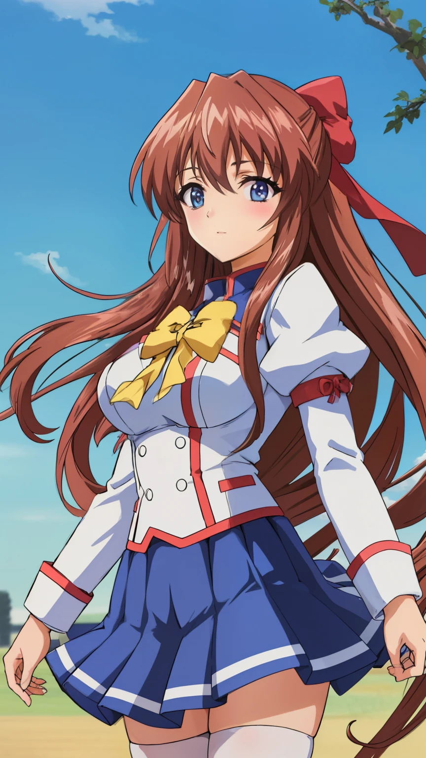 (Anime artwork, Anime Style, Studio Anime, Very detailed, Latest, Vibrant, Anime Coloring Book, High Contrast, masterpiece:1.2, Highest quality, Best aesthetics), Straight long hair, Large medium breasts, Hair Ribbon, (school uniform, long sleeves, bowtie, blue skirt, white thighhighs, Cherry tree, The wind is blowing), Asymmetrical bangs, Perfect Proportions, Skin with attention to detail, cute, Detailed face, (Cowboy shot, Dynamic angle:1.2), (Accurate fingertips, Browse 4, Thumb 1),
