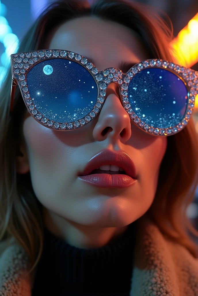 The model is wearing glass sunglasses with stars and the moon on the glass een la ciudad
