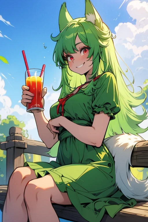 Perfect face. Perfect hands. A light green haired woman with red eyes with green fox ears and a green fox tail in a cute summer dress is smiling while drinking juice in the park